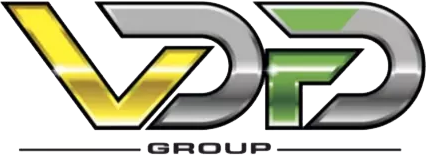 Logo van VDP Group met gele, grijze en groene kleurverloop en strakke, moderne typografie